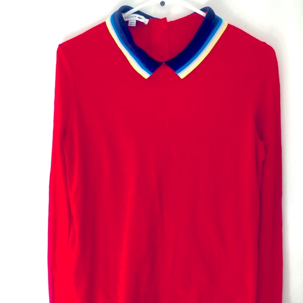 Lacoste Red Button-Down Top with Multicolor Stripe Collar